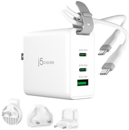 j5create USB-C 3 Port 65W GaN Charger with UK/EU/US/AU Travel Plug Adapter and USB-C Charging Cable, Compatible with MacBook Pro/Air, iPhone 16/15, iPad, Galaxy S24 (JUP3565CV)