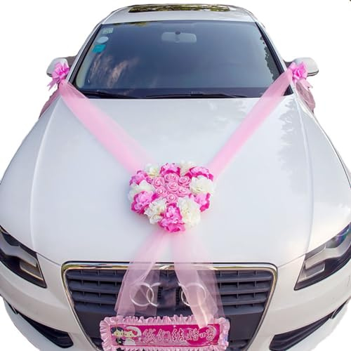 Wisafory Autoschmuck Hochzeit Rosen Auto Deko Hochzeitsauto Blumenschmuck | Herzförmige Blumengirlande, romantische Fahrzeugdeko, Hochzeit, Verlobung, Feier, Valentinstag, einfache Befestigung