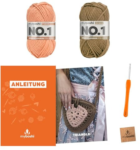 myboshi Häkelset Tasche Triangle, inkl. No.1 Wolle, Nadel und Anleitung, original Label, Häkelpaket, 30% Merinowolle Braun mit Häkelnadel