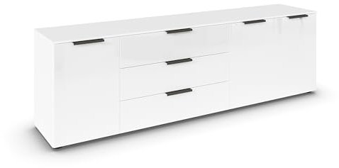 Rauch Möbel Flipp, Sideboard, TV-Schrank, Kommode mit Stauraum, Alpinweiß/Glasfront Weiß, 3-türig, Glastüren, 3 Schubkästen, Griffe graphit, 199x61x42cm
