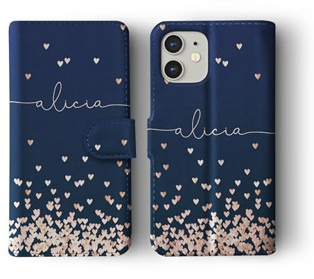 Tirita Personalised Wallet Phone Case for iPhone 14 With Card Holder – Leather Flip Case or Cover With Custom Name – Cute Personalised Gift for Women [06. Rose Gold Hearts]