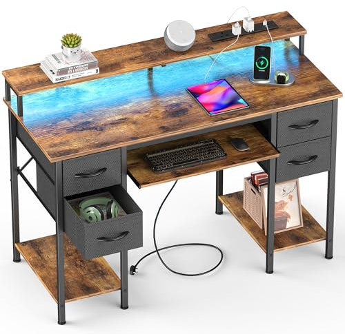 Yornoli 120CM Computer Desk with 4 Fabric Drawers Gaming Desk with LED Lights & Power Outlets for Small Spaces Home Office Desk with Monitor Stand for Bedroom (Rustic Brown)