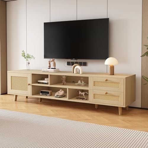 Merax TV Lowboard Rattan-TV-Schrank für 70-Zoll-Fernseher mit 2 Schubladen, 1 Tür,TV-Schrank TV Unterschrank
