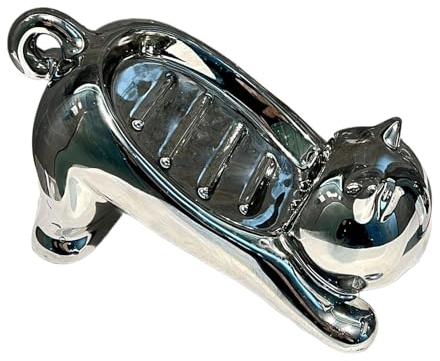 DimyFew Niedliche Seifenschale in Katzenform mit Automatischer Abtropffunktion, Dekorationsartikel für Zuhause, Silber