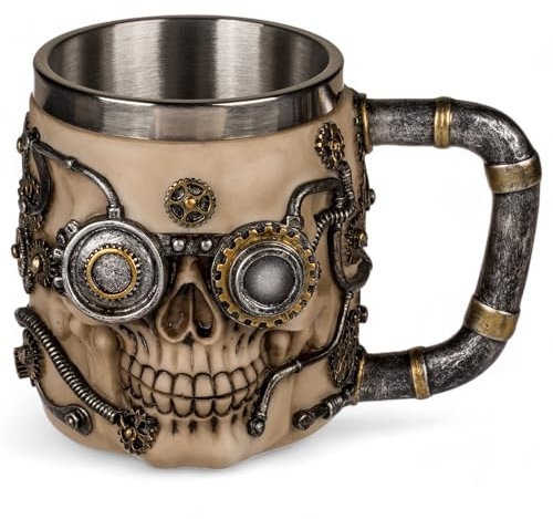 MIJOMA Boccale da birra con teschio 3D Steampunk – Elegante tazza con manico in pietra artificiale con inserto in acciaio inox, 400 ml (Chrono)