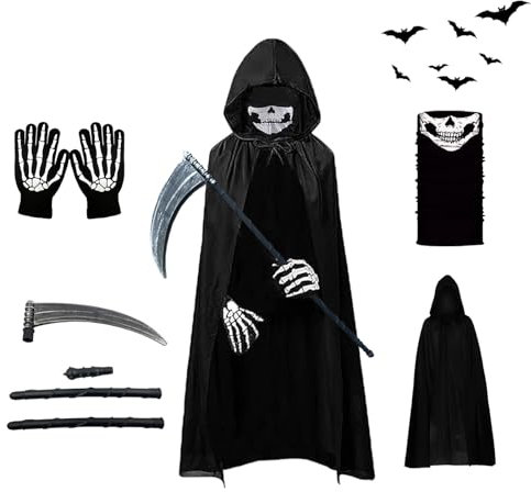 AOMAIGAD Halloween Disfraz de Parca, Disfraz de Parca, Disfraz de Grim Reaper con Sombrero, Guantes, Hoz, Disfraz de Muerte,para Halloween Fiesta Carnival Costume Cosplay (Niño-B)