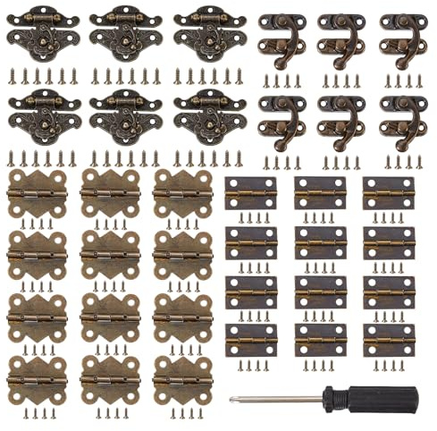 NICENEEDED 36 Sets Retro Jewelry Box Hinges and Latches Hardware, Small Bronze Brass Latch Hinges Decorative Cabinet Drawer Wooden Box Latch Buckle Vintage Engraved Mini Hinge Hardware Fittings