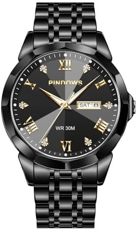 PINDOWS Armbanduhr für Herren Diamanten Business-Dress-Stil analoges Quarzwerk luxuriöse wasserdichte Armbanduhr Leuchtzeigern Datumsanzeige zweifarbiges Edelstahlarmband klassisch-modische Herrenuhr