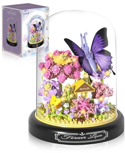 SPERMUOY Blumen Bausteine Set, Künstliche Blumen Bausatz DIY Bauspielzeugsets Bouquet Baustein mit Staubdichte Kuppel Und Sockel,Blumenstrauß bausteine Blume-n Insekten klemmbausteine