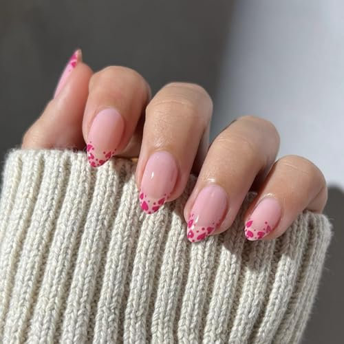 Valentine's Day Nails, SXVME Pink French Tip False Nails Short Almond with Cute Heart Design, Pink Press on Nails Short, French Heart Fake Nails Medium, Stick on Nails for Women Manicure 24 Pcs
