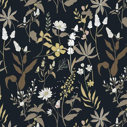 Timeet Selbstklebende Tapete Schwarz Botanischer Klebefolie Möbel Gelb Blumen Möbelfolie Selbstklebend Möbelaufkleber Lavendel Muster Bunt Blumentapete Wasserfest Vinyl Folie für Möbel, Küche 44x300CM