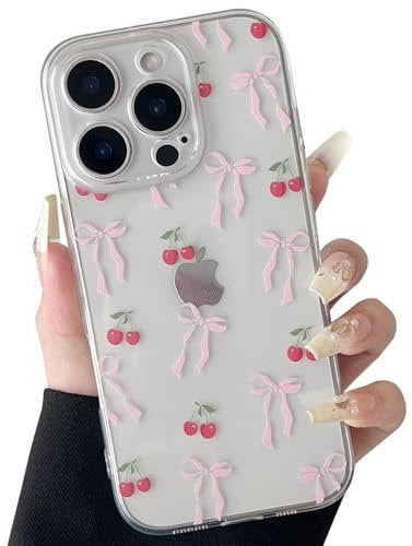 ZTOFERA Clear Case for iPhone 14 Pro, Cute Cherry & Ribbon Bowknot Pattern Design Aesthetic Transparent Phone Case Soft Flexible TPU Shockproof Protective Cover for Women Girls - Pink Ribbon