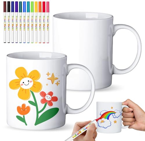 Set di 2 pezzi di pittura in ceramica, tazze dipinte con 12 colori matite in porcellana, set di ceramiche per la casa, tazze da caffè, set fai da te, tazze per San Valentino, Pasqua, compleanno, fai