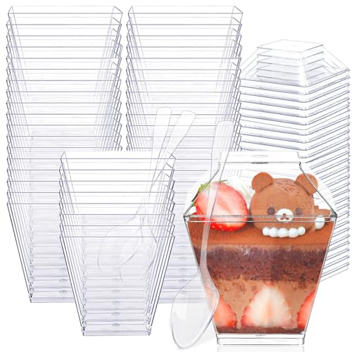 50 Stück Dessertgläser Plastik 60 ml, mit Deckel und Löffeln, Dessertbecher P-lastik Wiederverwendbar, Dessertschalen Eckig Plastik, Desserttasse für Mousse Pudding Eiscreme Dessert Party Picknick
