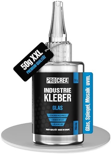 PROCREA® Sekundenkleber (50g) Glas [mit Anti-Austrocknungs-Spitze] Extra starker und transparenter Glaskleber für alle Glastypen - Wasserfester Alleskleber & Superkleber in Industrie-Qualität