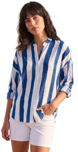 Roman Originals Shirt Top for Women UK Ladies Collarless Blouse Smart Tunic Button Through Longline Asymmetric Hem 3/4 Length Roll Up Sleeves V Neck Going Out - Navy Stripe - Size 14