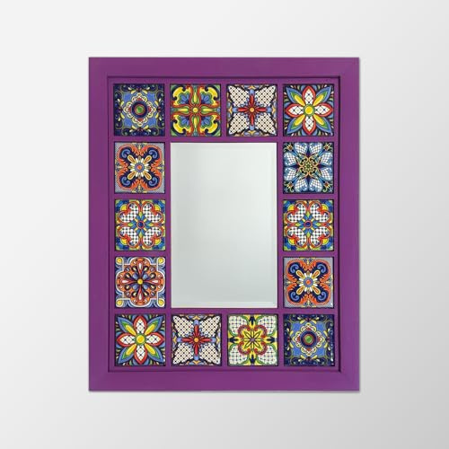 Artistry Home Mauve Mosaic Mirror with Hand Painted Ceramic Tiles 25x30 cm Colourful Wall Mirror Handmade Frame in Siberian Pine Decorative Accent for Hallway Bedroom or Living Room
