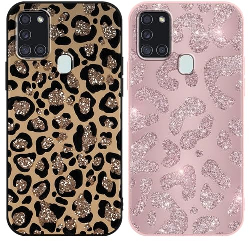 Yirlbey 2 Stück Handyhülle für Samsung Galaxy A21s 4G Hülle 6,5, Aesthetic Muster Glitzer Motiv Design Weiche TPU Ultra Dünn Bunt Silikon Schutzhülle Kratzfeste Stoßfest Case für Mädchen, Leopard