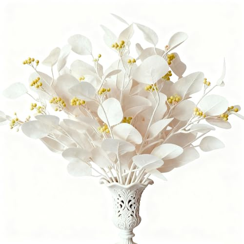 Eucalyptus Stems Leaves Artificial Flowers Long Silver Dollar Leaves Faux Bouquets Branches Decoration for Home Flower Arrangement Wedding Table Festival Farmhouse Party Halloween Deco (Champagne)