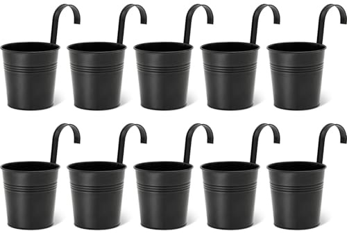 Bamworld Hanging Basket 4 Inch Metal Hanging Plant Pot with Detachable Hooks Outdoor Indoor Hanging Baskets for Garden Balcony Fence Railing Decor Plant Hanger Bucket 10 Pack Black