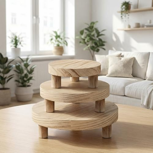 3Pcs Wooden Plant Stand Indoor: 10/8/6 Inch Round Plant Stool Set | With 3 Removable Legs Supports up to 50lbs for Plants Candles and Home Decor