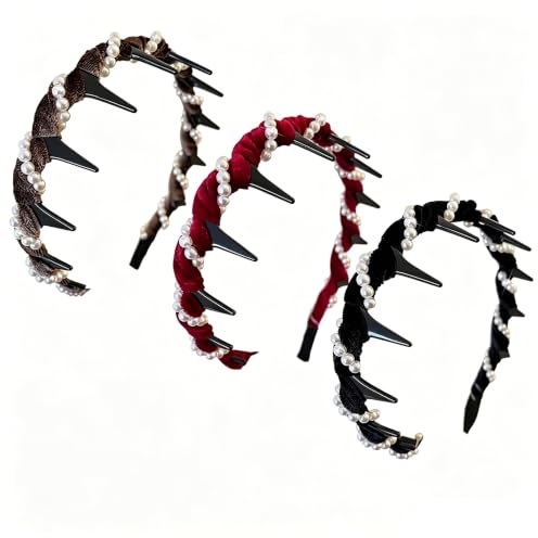 3er Kunstperlen Haarband Anti‑Rutsch Haarreifen Damen Mädchen Geschenk | Vintage Kunstperlen Haarreifen mit Zähnen rutschfest elegantes Design praktisches Accessoire für Damen und Mädchen