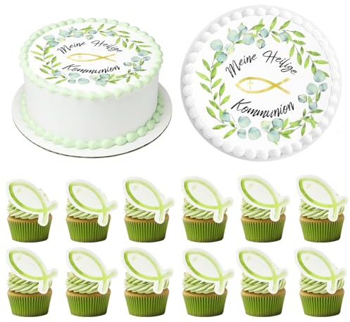 13 Stück Tortenaufleger Kommunion, mit Muffin Topper Essbar Konfirmations, Tortendeko Kommunion Essbar, Meinekommunion Tortendeko, Kommunionkuchen Deko für Mädchen Junge