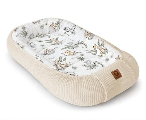 Babynestchen Neugeborene – Nestchen Baby aus Waffel Baumwolle & Baumwollstoff – Babynest für Babybett & Kinderbett – Baby Kokon Tragbar – OEKO-TEX – Zubehör für Babybett - Safari und Hellbeige
