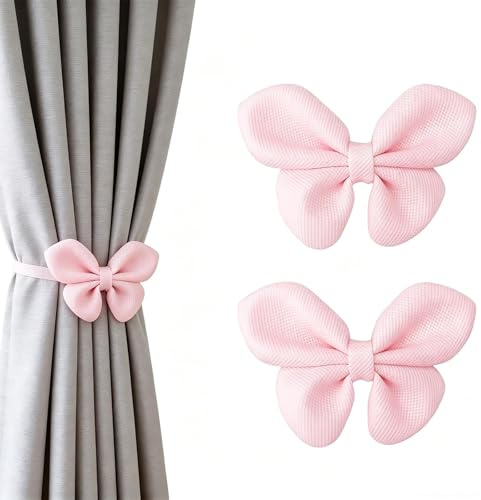 Vordpe 2 Stück Vorhang Raffhalter Schleife, Handgefertigte Schleife-Vorhangband, Magnetisch Gardinenhalter, Verstellbare Vorhanghalter Seil, für Kinderzimmer, Wohnzimmer Schlafzimmer (Rosa)