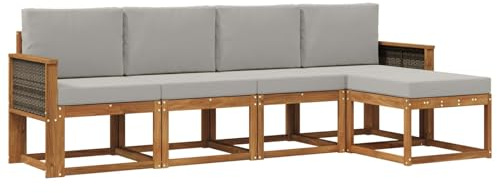 vidaXL Outdoor-Sofagarnitur 5 pcs Natürlich und Hellgrau Polyester, Garten Sofa Set, Moderne Möbel für draußen, Robustes Sitzen für Terrasse, Garten und Balkon, schicker Akazien Lounge