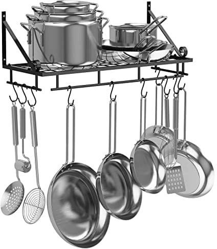 AcornFort® K-1121 60 CM Schwarz Groß Küchenregal, Wandregal für Töpfe Pfannen, Utensilien Hängeregal mit 10 Haken