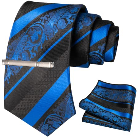 JEMYGINS Herren Krawatten Set mit gemischtem Rosen und Streifenmuster inklusive Krawattenklammer und Taschentuch Blau