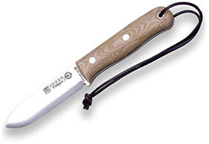Joker Cuchillo de Supervivencia Trampero S CM124-P, Mango micarta Beige, Hoja de 10 cm, con Funda Piel y pedernal, Herramienta de Pesca, Caza, Camping y Senderismo