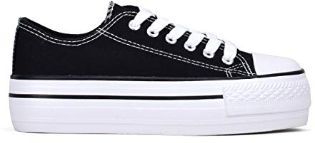 BOSANOVA Sneakers en toile avec détail de fines lignes contrastées sur la semelle, fermeture à lacets, chaussures pour femme, Noir , 39 EU