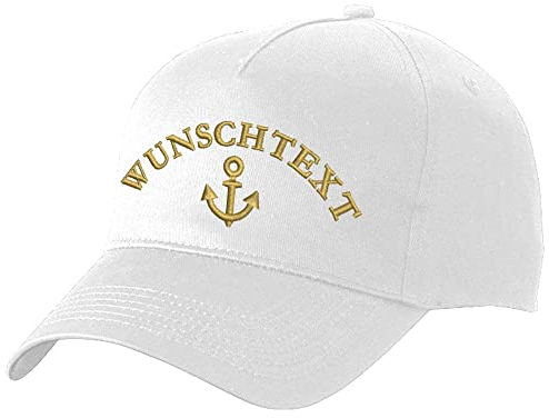 Nashville print factory Basecap Bestickt mit Motiv Anker/Steuerrad/Kompass-Rose Captain Kapitän Steuermann Mütze Cappy (Weiß, Anker + Wunschtext)