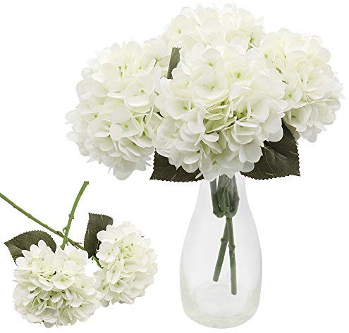 CattleyaHQ - 4 ortensie artificiali, elegante bouquet di ortensie, piante finte decorative per feste, matrimoni, casa, cucina (bianco)