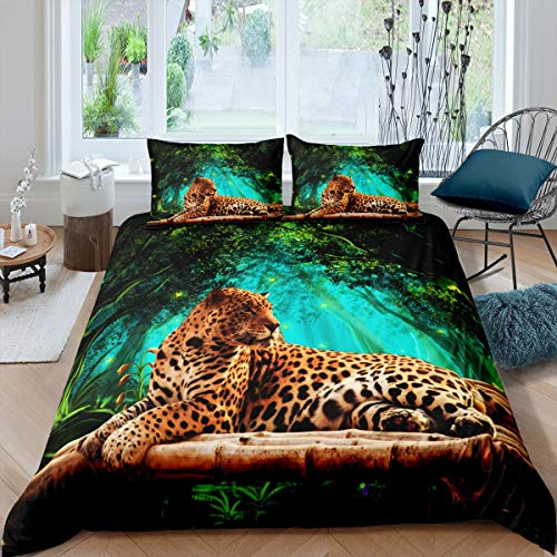 Tbrand Leopard Bettbezug Set Safari Geparden Drucken Bettwäsche Set 135x200cm für Kinder Wildtier Tropische Blätter Betten Set Natürliche Landschaft Mit 1 Kissenbezug 2St