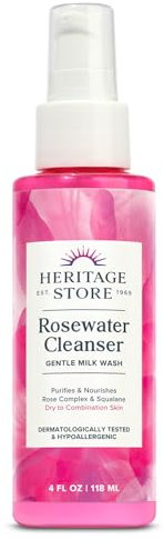 HERITAGE STORE Rosewater Nettoyant visage au pH équilibré purifie et nourrit avec complexe squalane et rose, peaux sèches à mixtes, hypoallergénique, végétalien, sans cruauté envers les animaux, 113,4