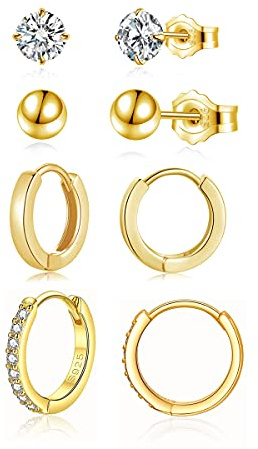 Zolkamery Creolen Silber 925 Ohrringe für Damen, 925 Sterling Silber Ohrstecker Creolen Ohrringe Set, Gold Klein Schlafen Ohrstecker Creolen Ohrringe Set, 12mm Creolen & 5mm Ohrstecker Ohrringe