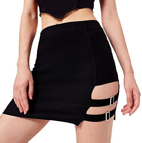 Womens Asymmetrical Women's Cut Out Straps High Waist Solid Sexy Bodycon Mini Skirt Gothic Punk