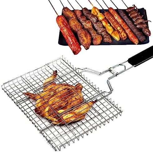 Holzsammlung Canasta de Parrilla, Canasta de Parrilla de Barbacoa de Acero Inoxidable Portátil Plegable, Cesta para Asar Pescado, Bandeja de Barbacoa para Camarón, Verduras, 32 x 22 x 3.5 cm
