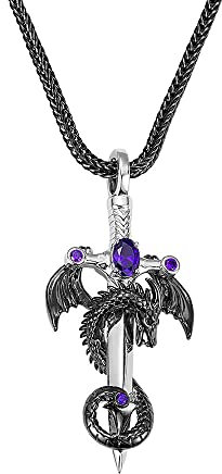 Cherbijou Dragon Sword Necklace Cool Jewelry for Men Brass Punk Monster Wing Necklace Silver Sword and Black Dragon Cross Pendant with Birthstone, 30*60MM, Copper Cubic Zirconia, Amethyst