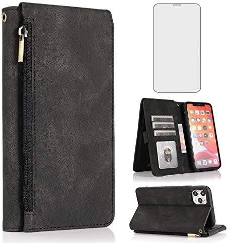 Asuwish Compatible with iPhone 11 6.1 Wallet Case Tempered Glass Screen Protector Zipper Leather Flip Cover Card Holder Stand Cell Phone for iphone11case iPhone11 i Phone11 11s XI 11R Women Men Black