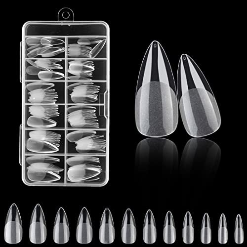 120PCS Clear Half Frosted Nails Tip Almond Acrylic Fake Nails Full Cover Fake Nails Medium Stiletto 12 Sizes For Nail Salons and Home