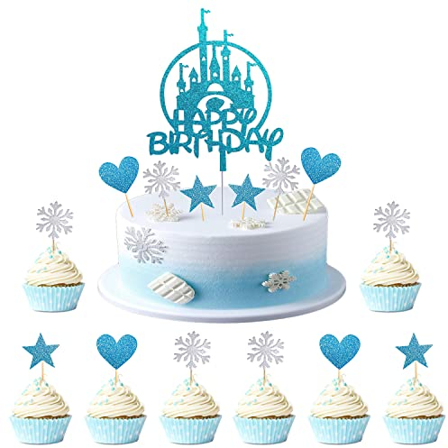 Kawailay 31 Stück Glitter Frozen Tortendeko Schloss Happy Birthday Kuchendeckel Snow Queen Cake Toppers mit Schneeflocken Herz Stern für Kinder Mädchen Junge Geburtstag Weihnachten Party Blau