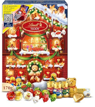 Lindt - Calendrier de l'Avent TEDDY Réalité Augmentée - Assortiment de Chocolats au Lait et Blancs - Idéal pour Noël, 170g