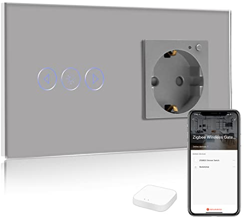 BSEED Smart ZigBee Dimmer Lichtschalter Mit Steckdose, Alexa Steckdose Mit Verbrauchsmessung, Kompatibel Mit Alexa Und Google Home, 1 Weg Touch Schalter Grau (Tuya ZigBee Hub Erforderlich)