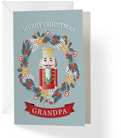 1Up Greetings Individual Christmas Card For Grandpa (Grandfather) | Nutcracker and Wreath | Your Purchase Helps Animals In Need | 5”x7.5” | Single Christmas Card with Envelope | Made in USA | Female