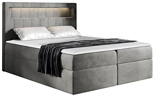Mirjan24 Boxspringbett Snap mit LED-Beleuchtung Doppelbett mit 2 Bettkästen Matratze + Topper Amerikanisches Continentalbett Polsterbett Bett mit Kopfteil Bettgestell (Magic Ve. 2217, 140 x 200 cm)