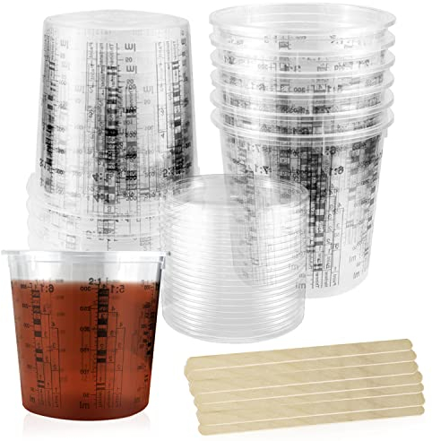 Lackmischbecher mit Deckel Farbmischbecher 385ml Mischbecher Lack Messbecher Einwegmischbecher mit Mischskala mit 20 Rührhölzer (20 Set)
